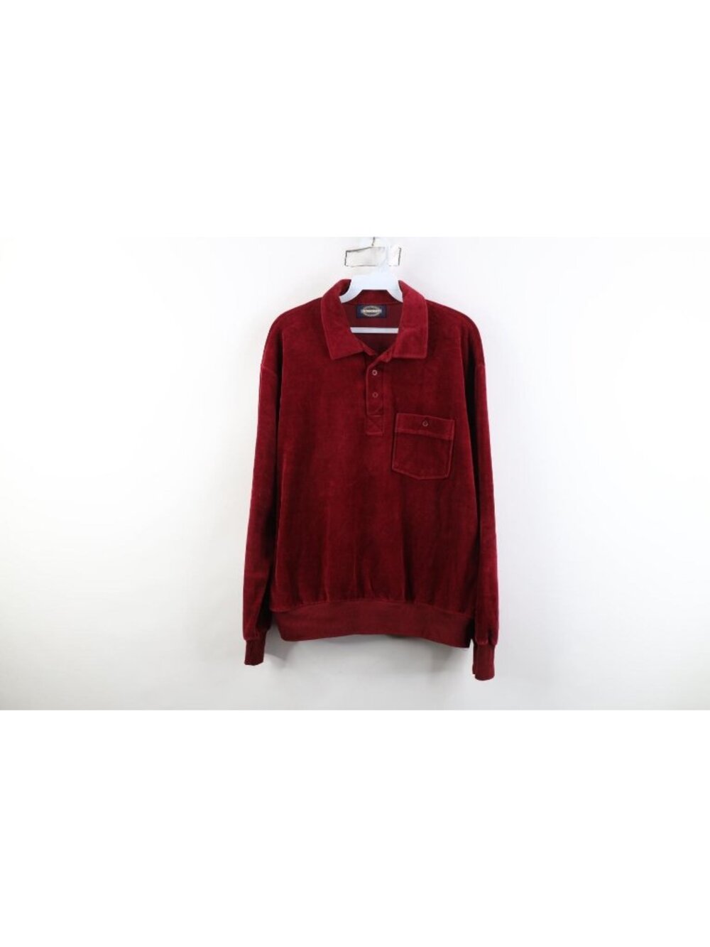 Vintage 70s Streetwear Mens Large Plush Velour Pullover Long Sleeve Polo Red USA
